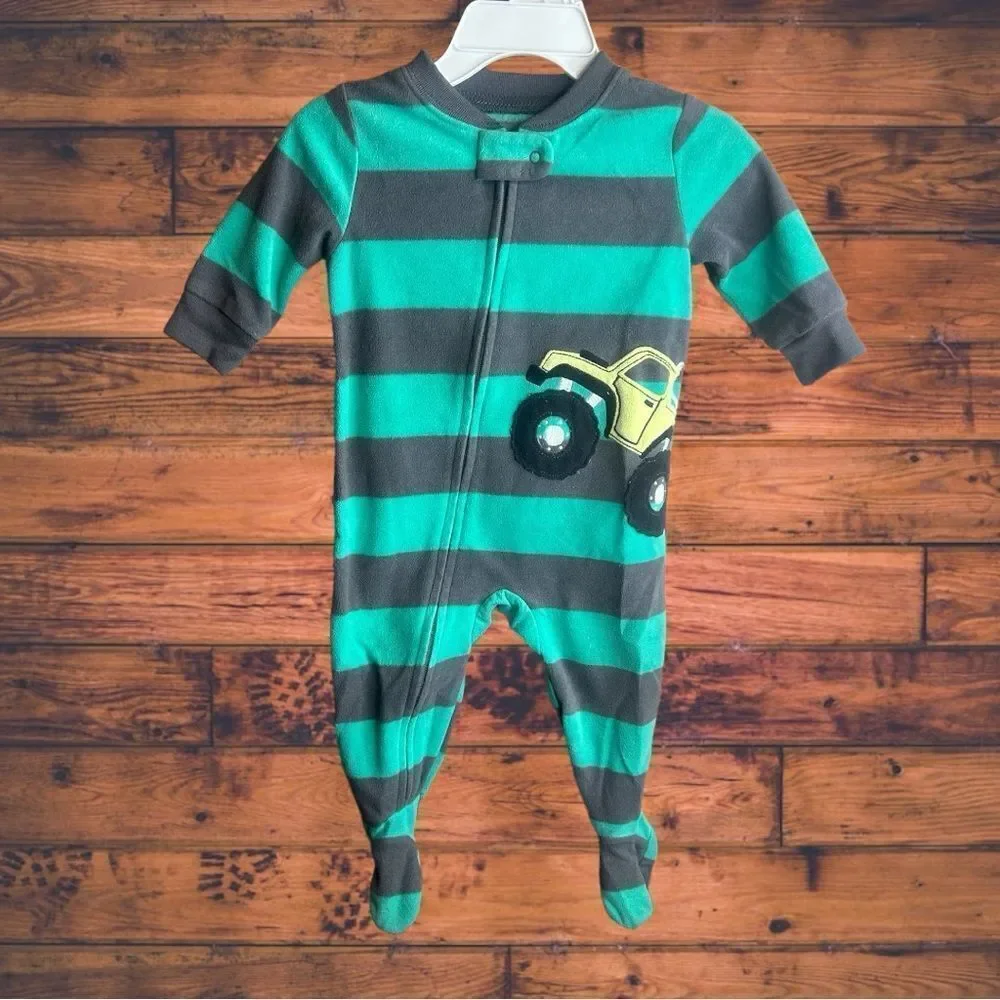 5 for‎ $25🔥6 Months Carter's Truck Green Striped Fleece Pajama Jumpsuit